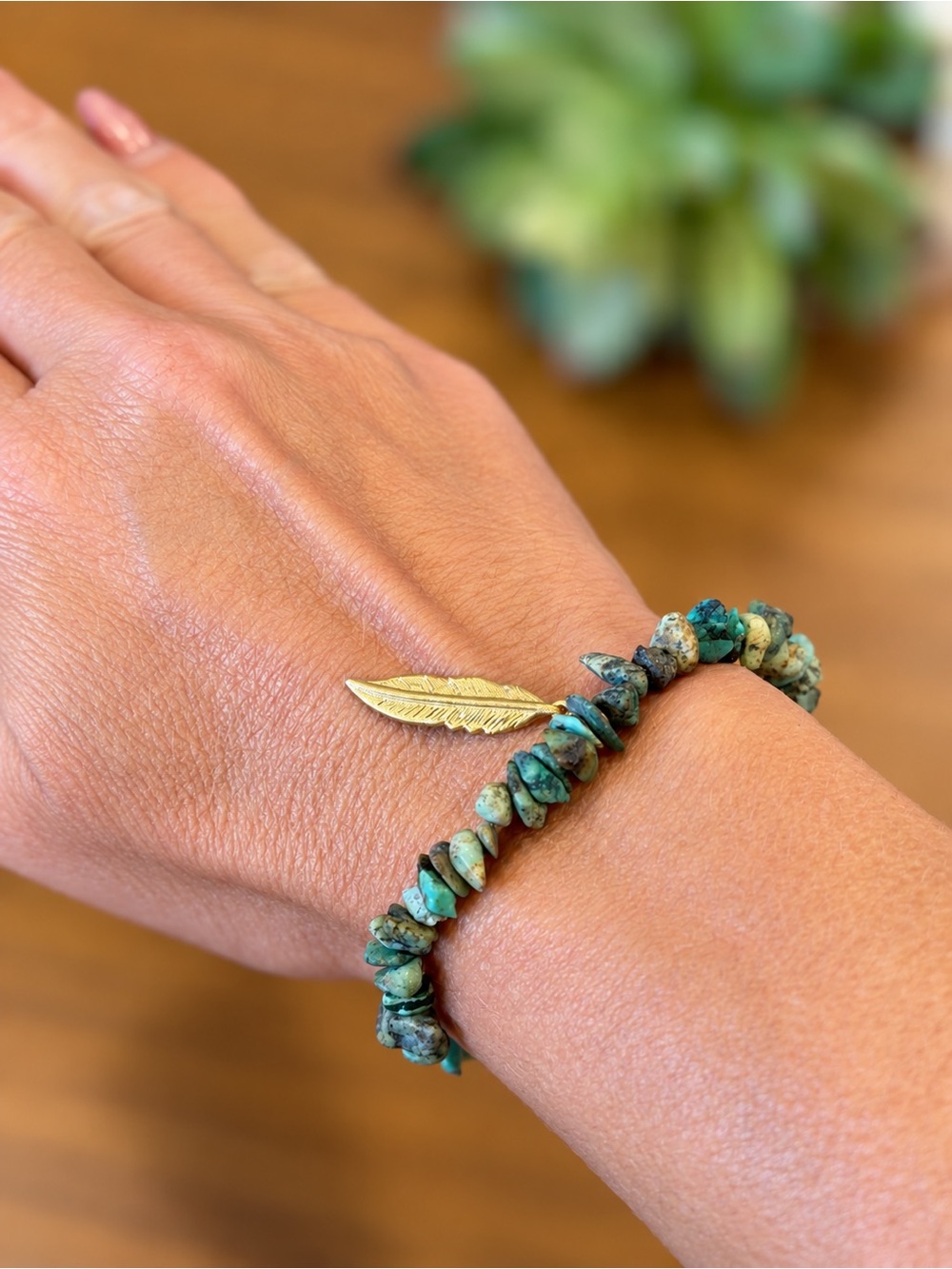 Gold Feather Turquoise Chip Stretch Bracelet - Women Jewelry